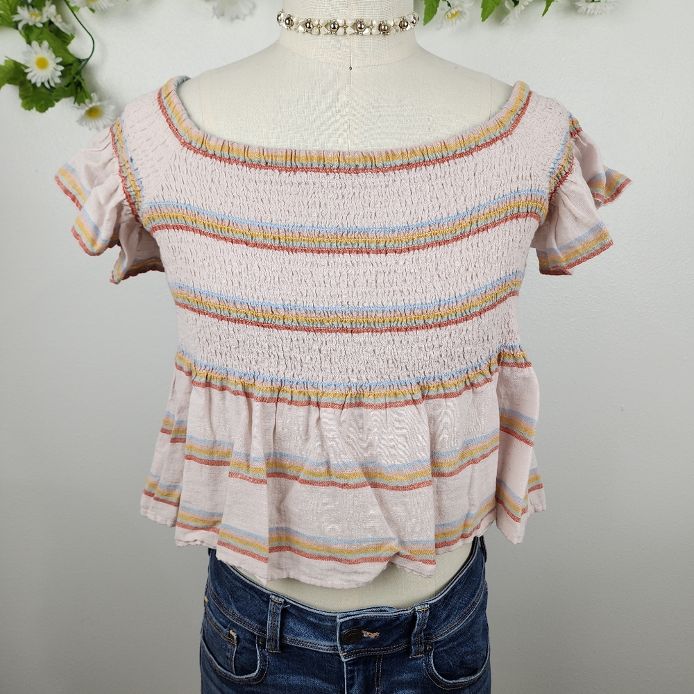 American Eagle Striped Crop Top Pink Ruffled Sleeve Sz XL
